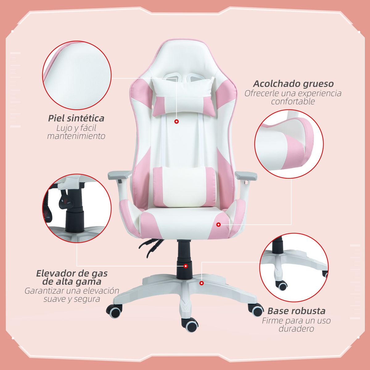 Silla gaming Powick Homcom altura ajustable rosa/blanco 120-128x67x60 cm