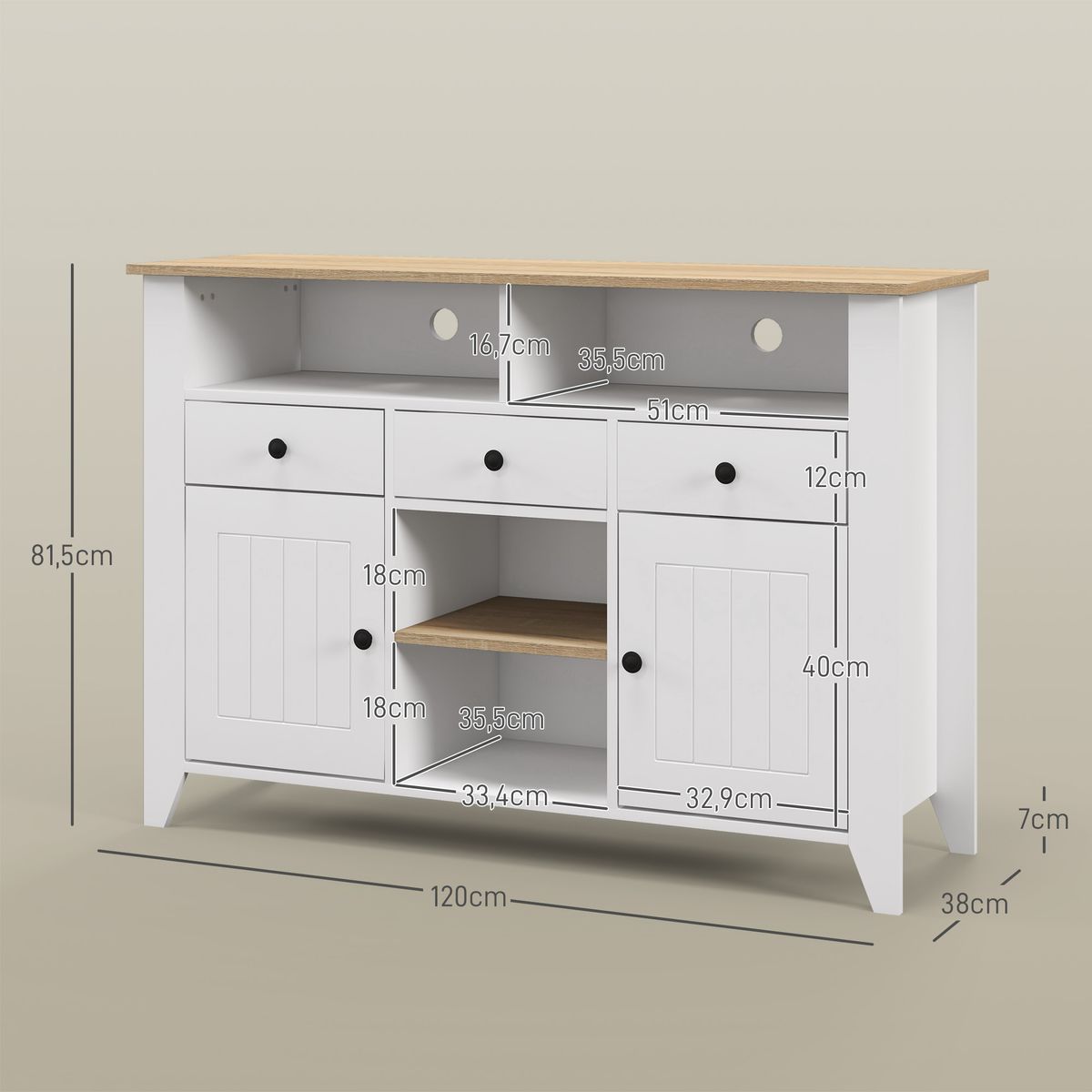 Aparador Leivha Homcom 4 compartimentos + 3 cajones + 2 armarios blanco 81,5x120x38 cm