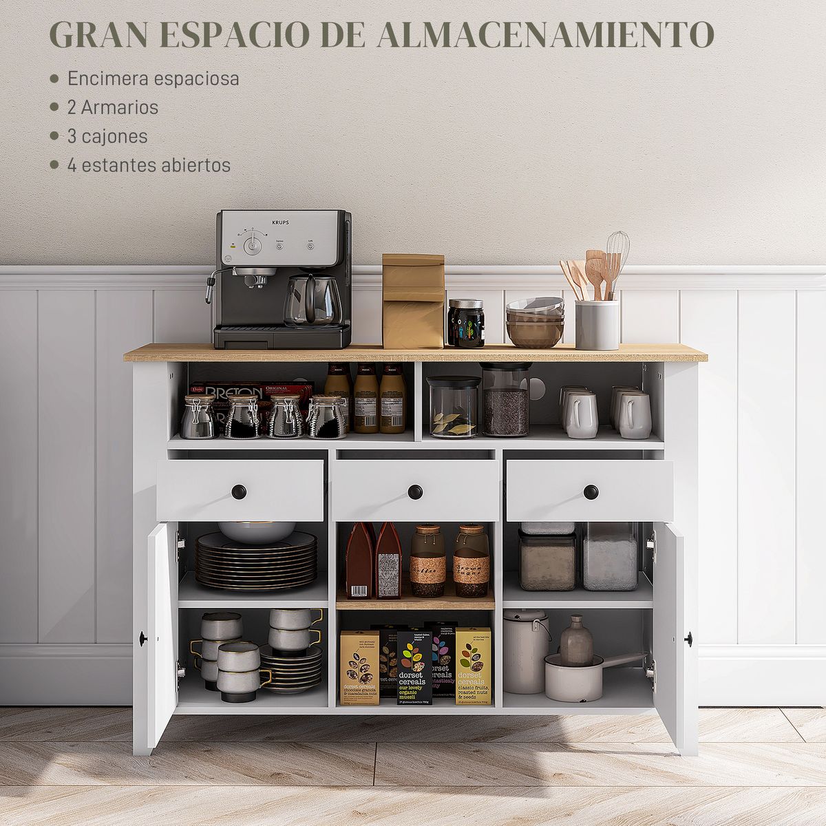 Aparador Leivha Homcom 4 compartimentos + 3 cajones + 2 armarios blanco 81,5x120x38 cm
