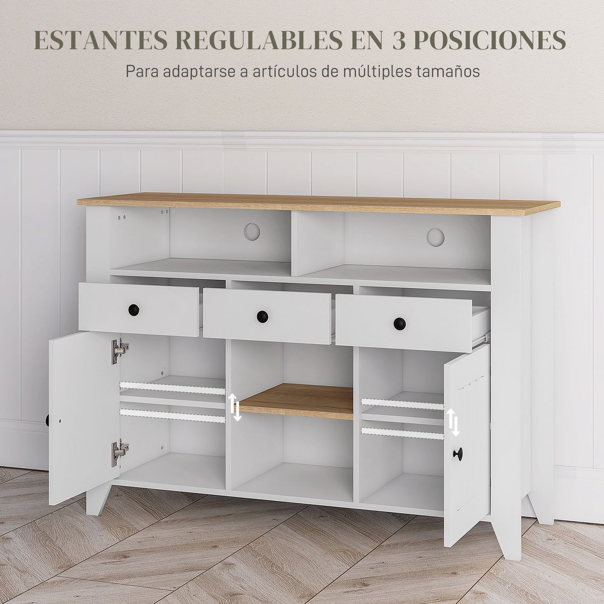 Aparador Leivha Homcom 4 compartimentos + 3 cajones + 2 armarios blanco 81,5x120x38 cm