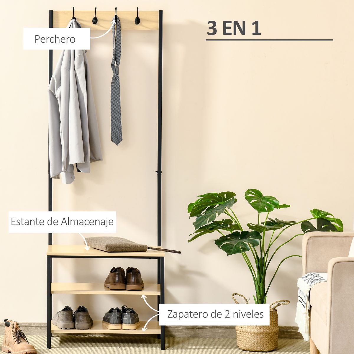 Perchero zapatero Filo Homcom 3 niveles + 4 ganchos negro/natural 175x60x40 cm