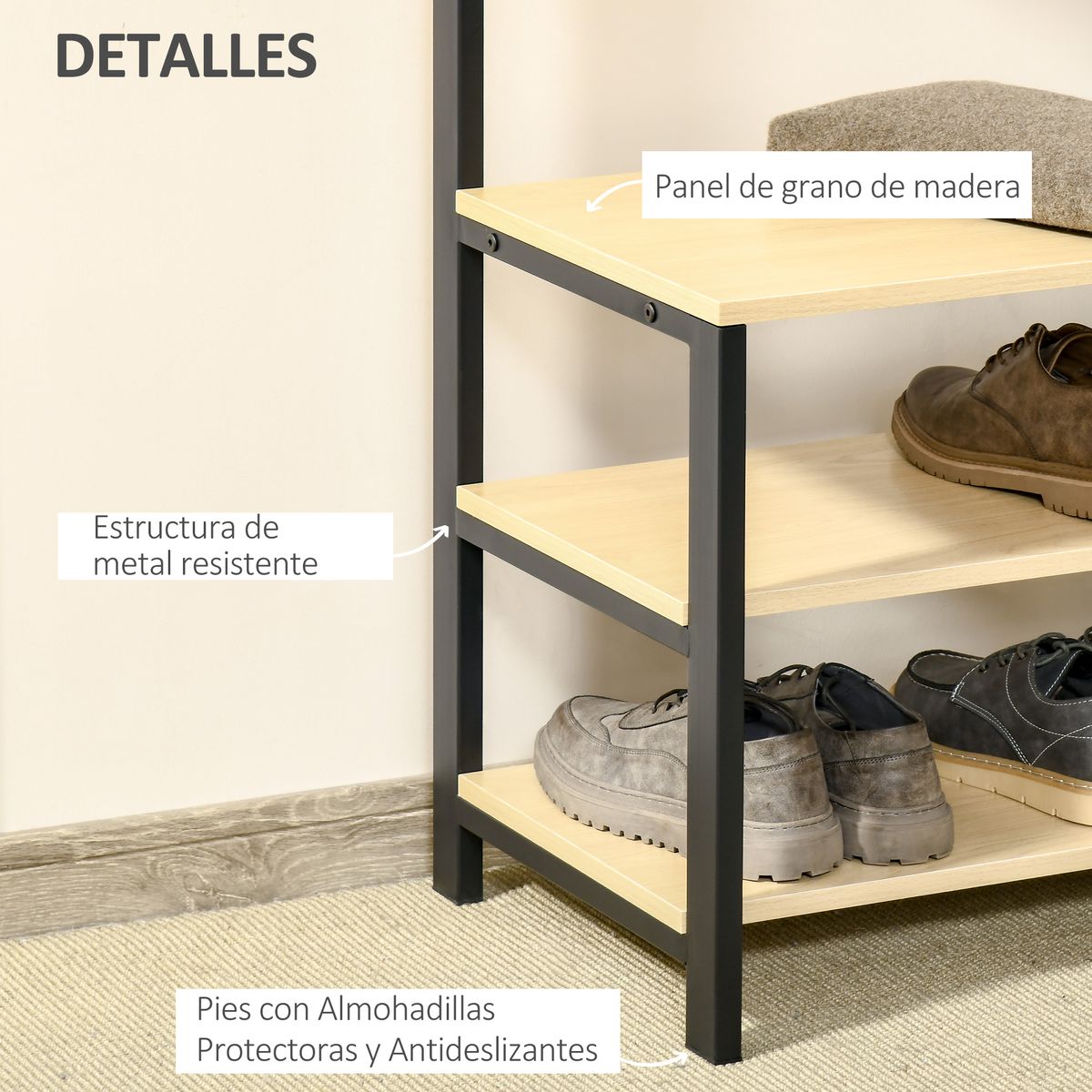 Perchero zapatero Filo Homcom 3 niveles + 4 ganchos negro/natural 175x60x40 cm