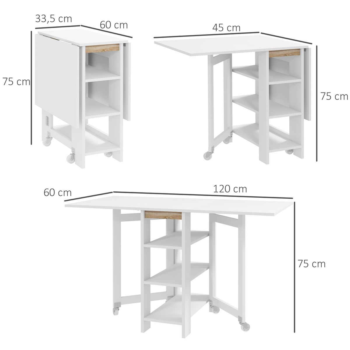 Mesa plegable Yves Homcom alas abatibles + 3 estantes blanco 75x120x60 cm