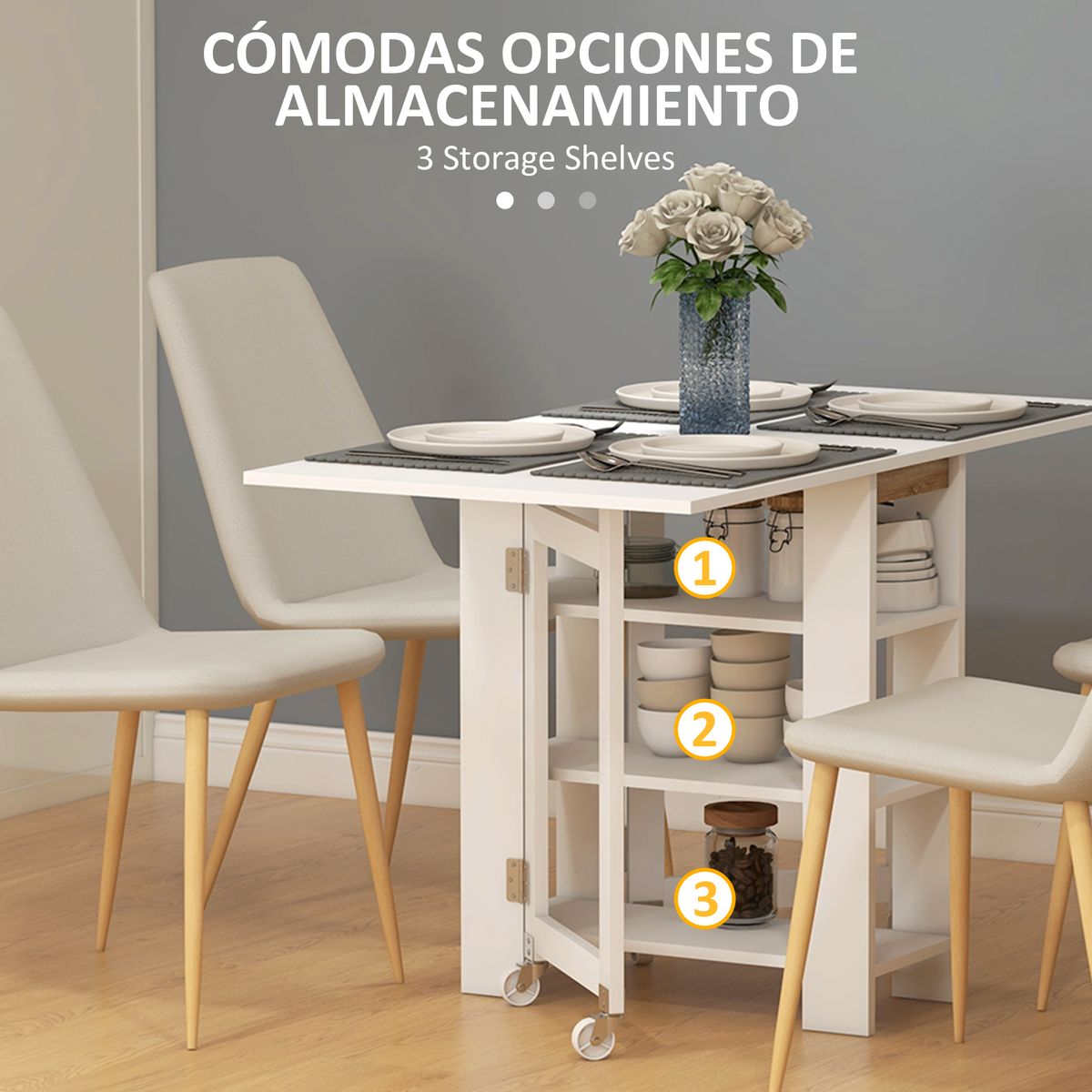 Mesa plegable Yves Homcom alas abatibles + 3 estantes blanco 75x120x60 cm