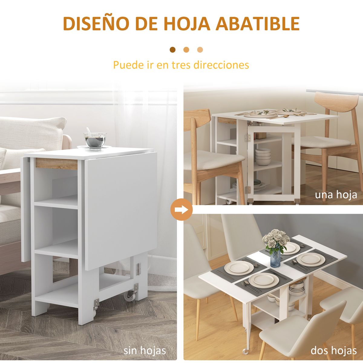 Mesa plegable Yves Homcom alas abatibles + 3 estantes blanco 75x120x60 cm