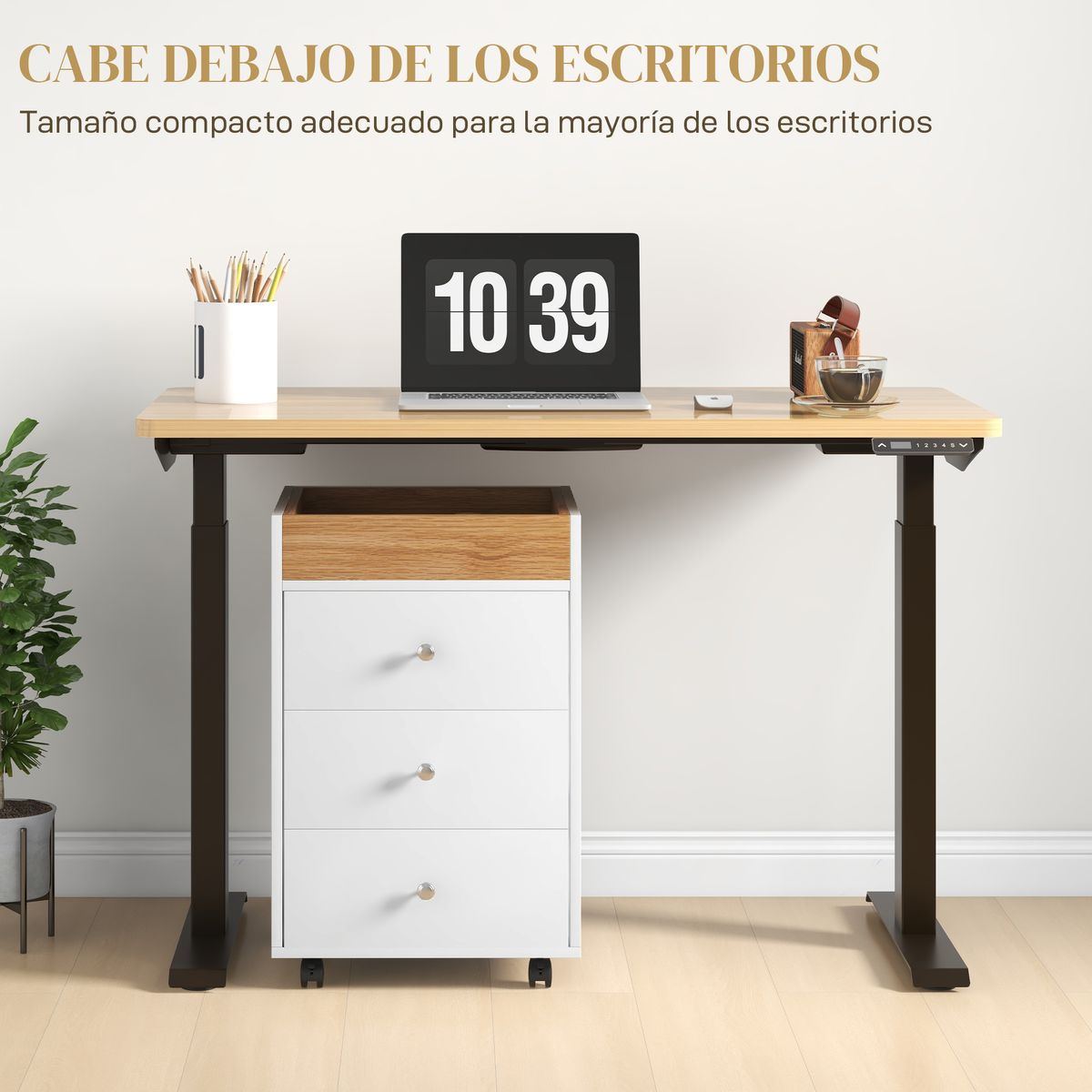 Cajonera Vinkel Homcom 3 cajones + 4 ruedas + 1 bandeja extraíble blanco/natural 66,5x43x40 cm