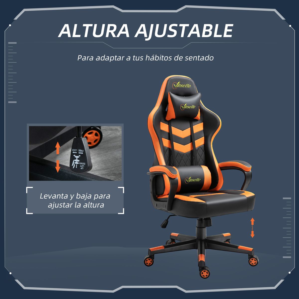 Silla gaming Vade Vinsetto altura regulable con reposacabzas negro/naranja 121-129x61x70 cm