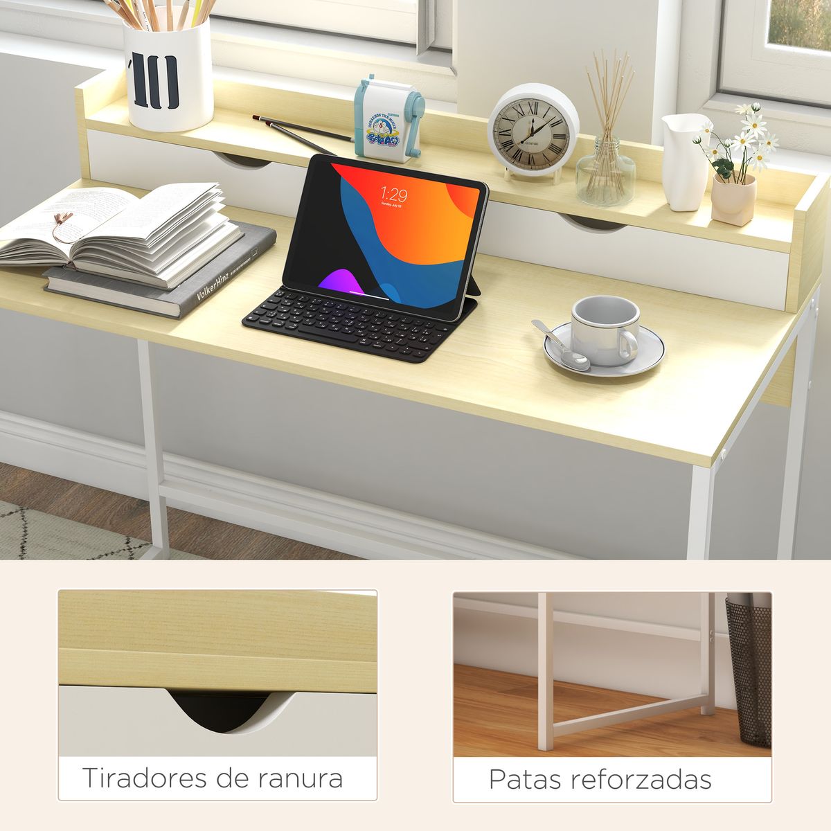 Mesa de escritorio Rettro Homcom 2 cajones + estante blanco/natural 89x106x50 cm