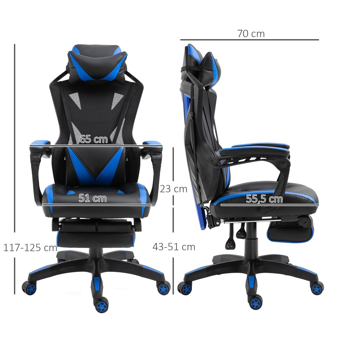 Silla Racing gaming Vinsetto altura ajustable con almohada lumbar azul 117-125x65x70 cm