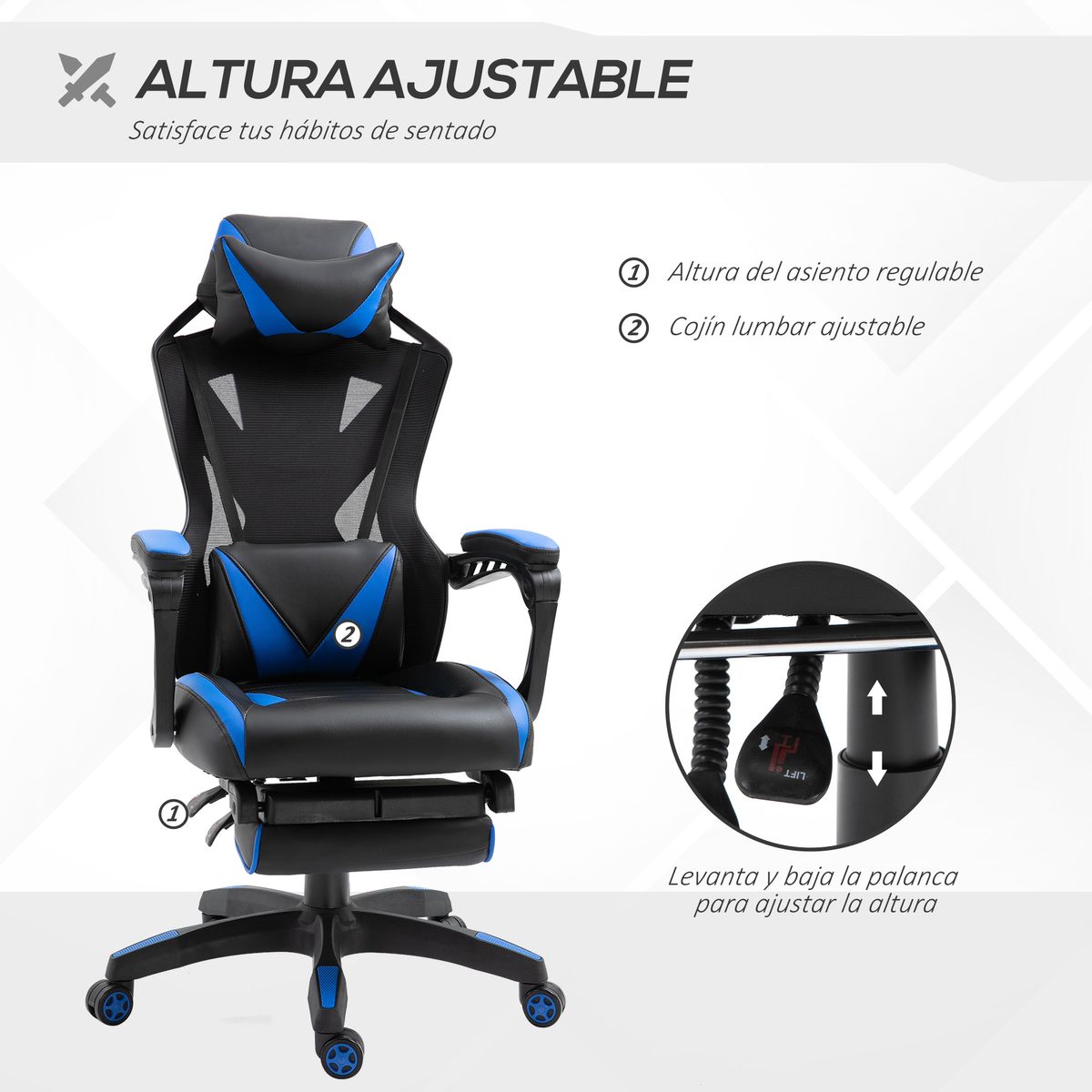 Silla Racing gaming Vinsetto altura ajustable con almohada lumbar azul 117-125x65x70 cm