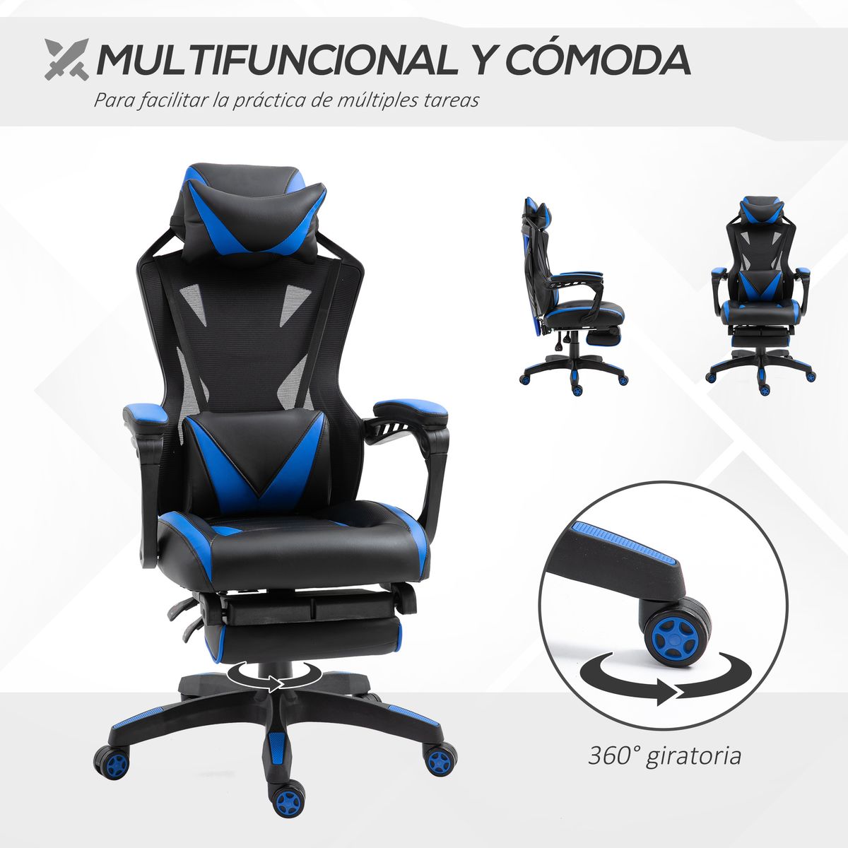 Silla Racing gaming Vinsetto altura ajustable con almohada lumbar azul 117-125x65x70 cm