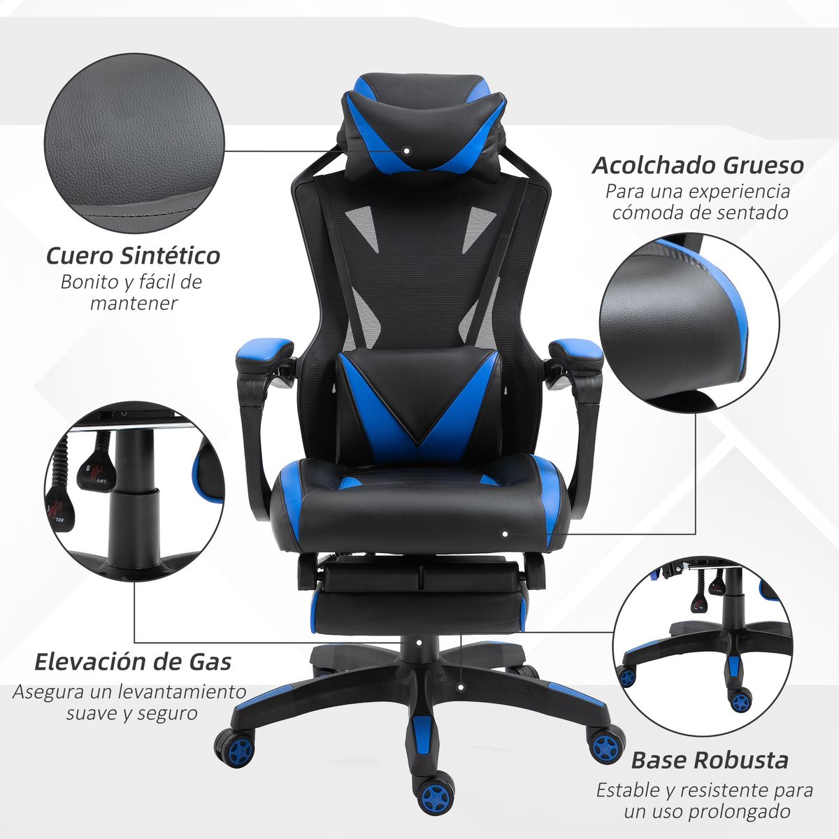Silla Racing gaming Vinsetto altura ajustable con almohada lumbar azul 117-125x65x70 cm