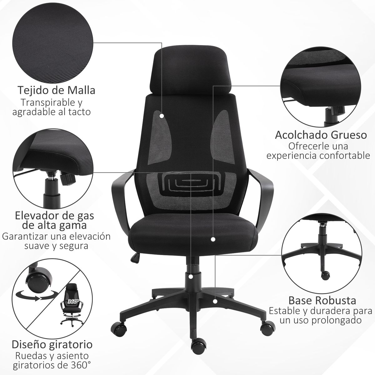 Silla de oficina Bali Vinsetto reposacabezas altura ajustable negro 116-126x64x55 cm