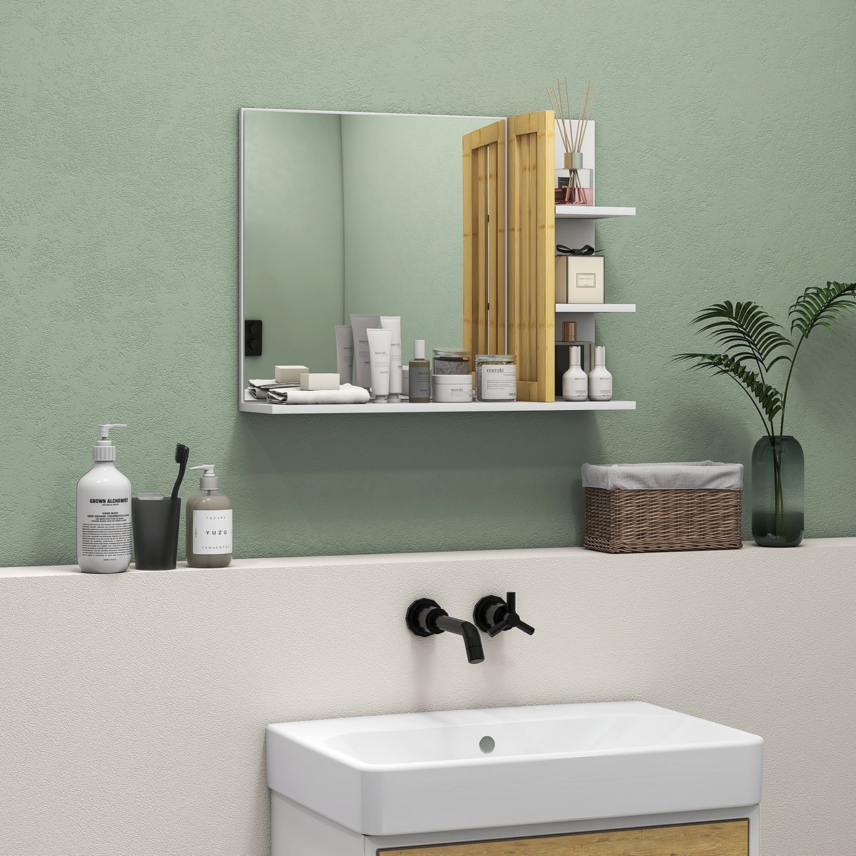 Espejo de baño Linz Homcom 4 estantes blanco/natural 45x58,5x15 cm