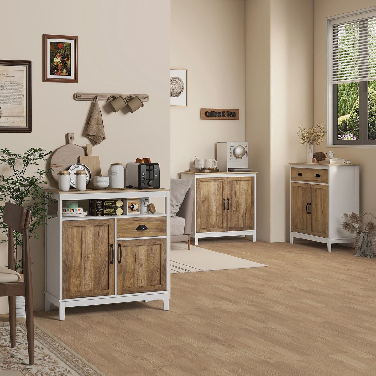 Aparador Air Homcom 2 armarios + cajón blanco/marrón 81,5x76,6x35 cm