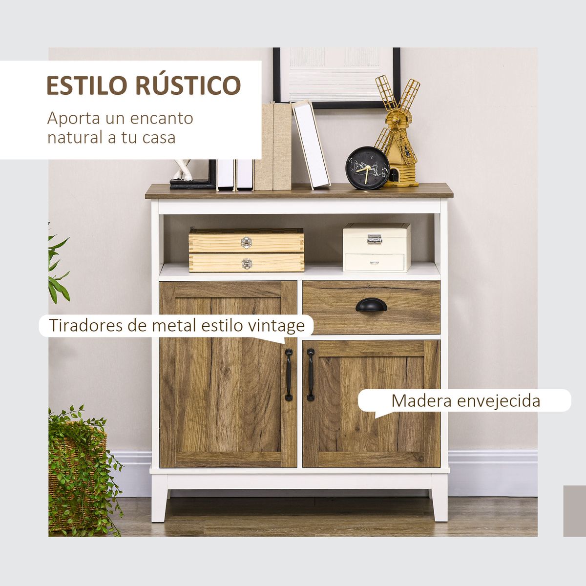 Aparador Air Homcom 2 armarios + cajón blanco/marrón 81,5x76,6x35 cm