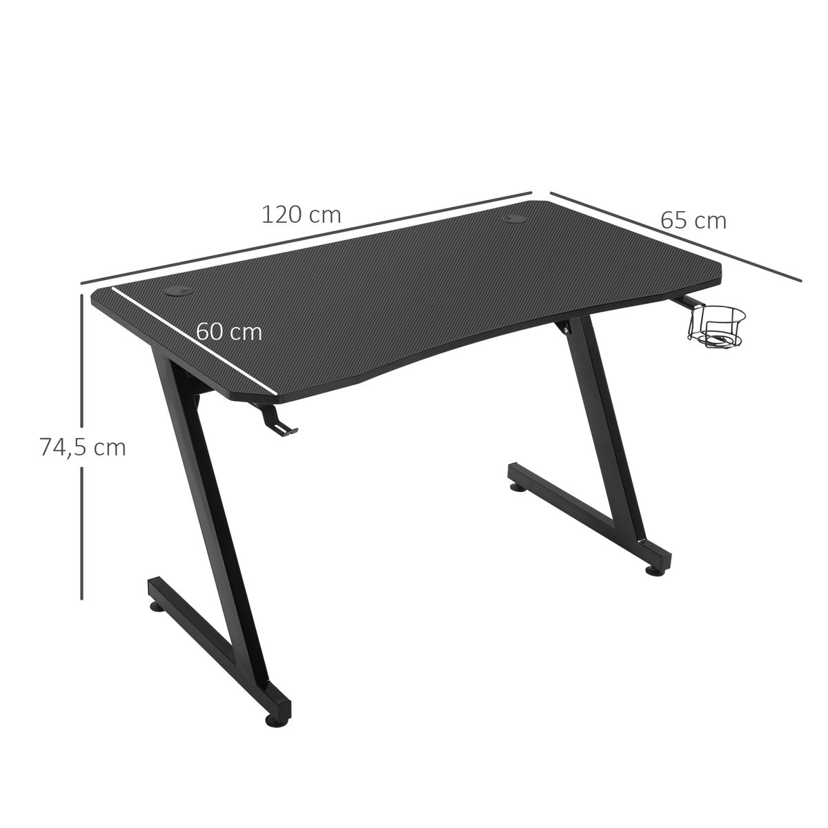 Mesa gaming Fenix Homcom portavasos + gancho + pies ajustables negro 74,5x120x65 cm