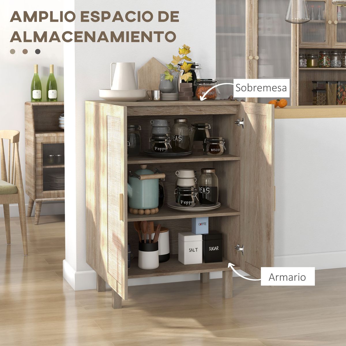 Aparador Babel Homcom 2 puertas con estantes ajustables natural 102x73x41 cm