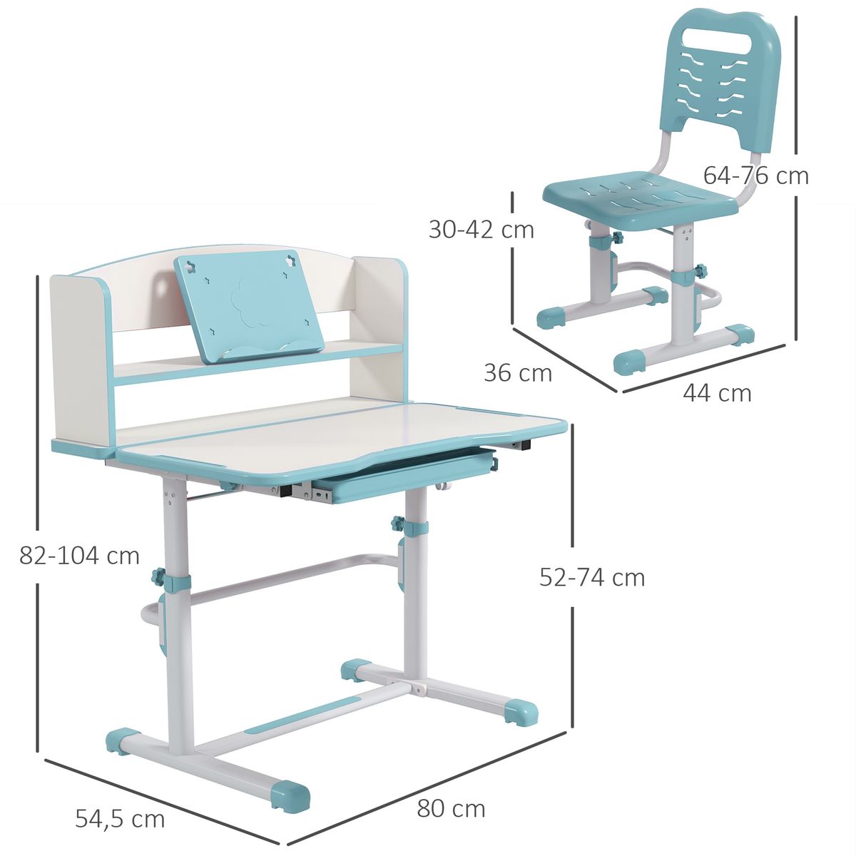 Escritorio infantil Robby Homcom 1 cajón + estantes + silla +6-12A azul/blanco medidas