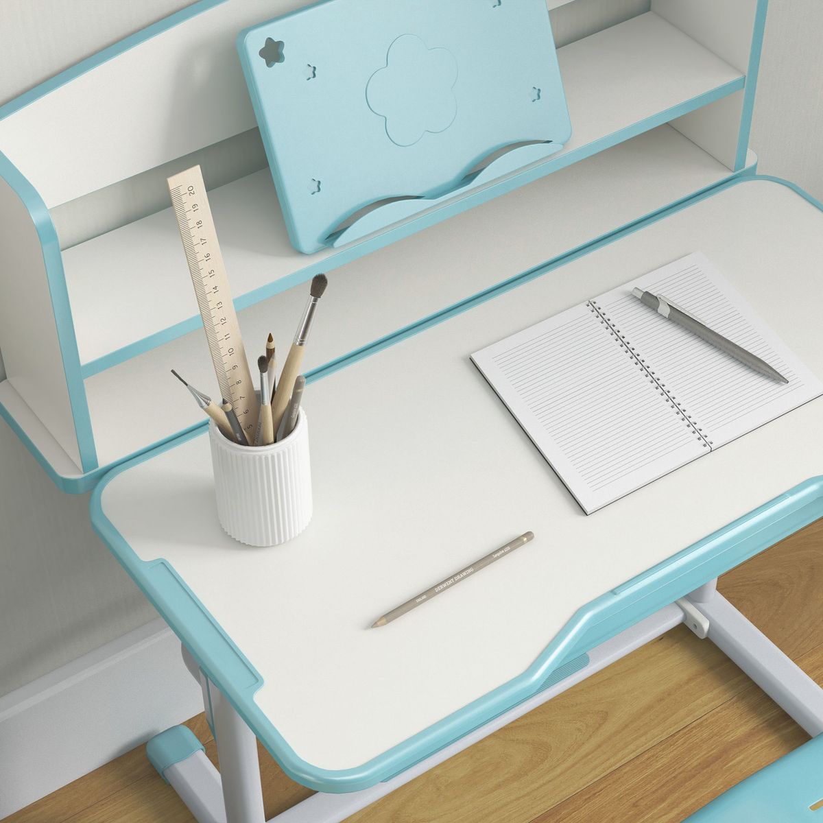 Escritorio infantil Robby Homcom 1 cajón + estantes + silla +6-12A azul/blanco detalle