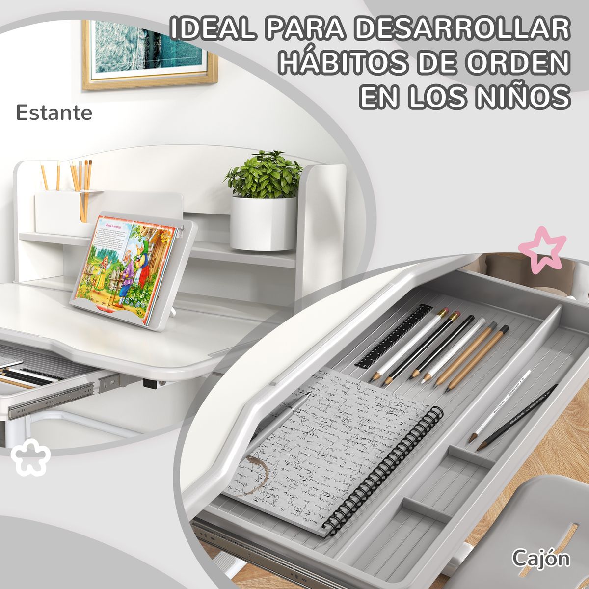 Escritorio infantil Robby Homcom 1 cajón + estantes + silla +6-12A gris/blanco