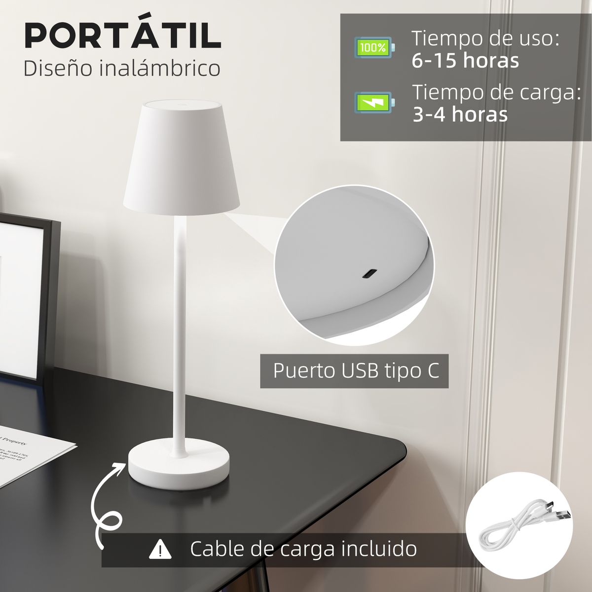 Lámpara de sobremesa Henley Homcom recargable 3 colores blanco Ø11,2x36,5 cm