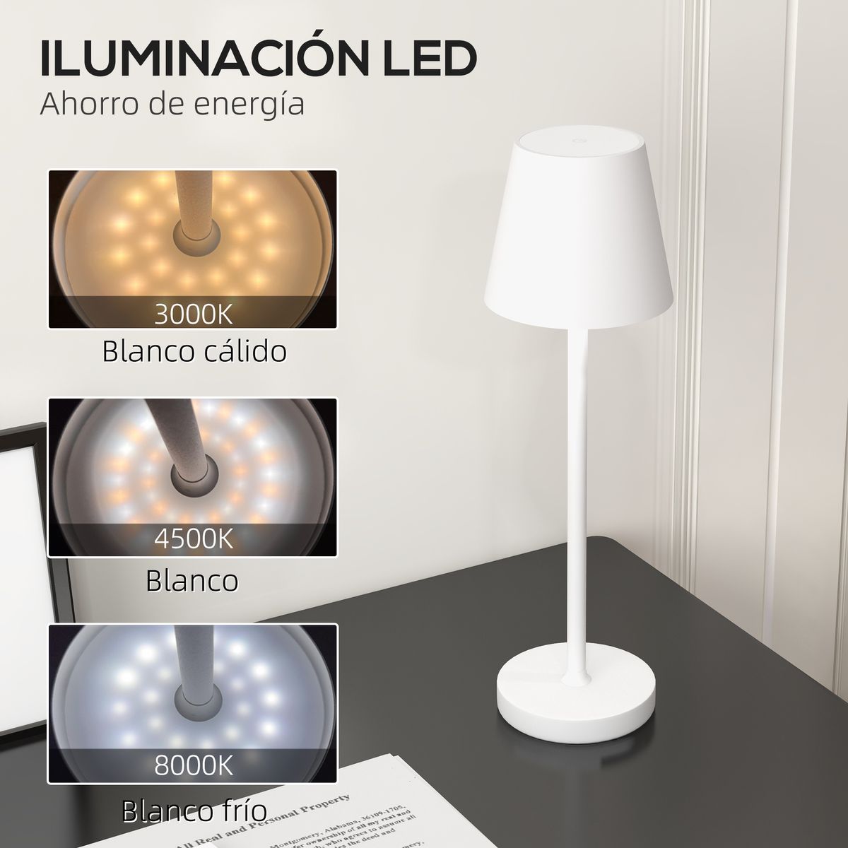Lámpara de sobremesa Henley Homcom recargable 3 colores blanco Ø11,2x36,5 cm