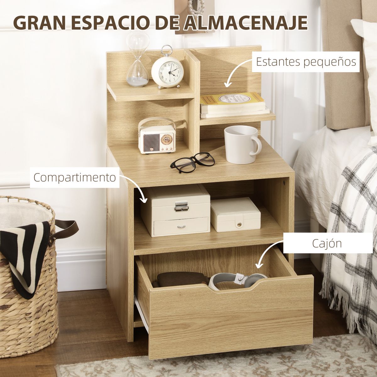 Mesita de noche Cala Homcom estantes + cajón natural 73x45x35 cm