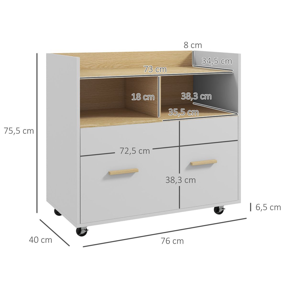 Mueble auxiliar Wick Vinsetto con ruedas roble/blanco 75,5x76x40 cm