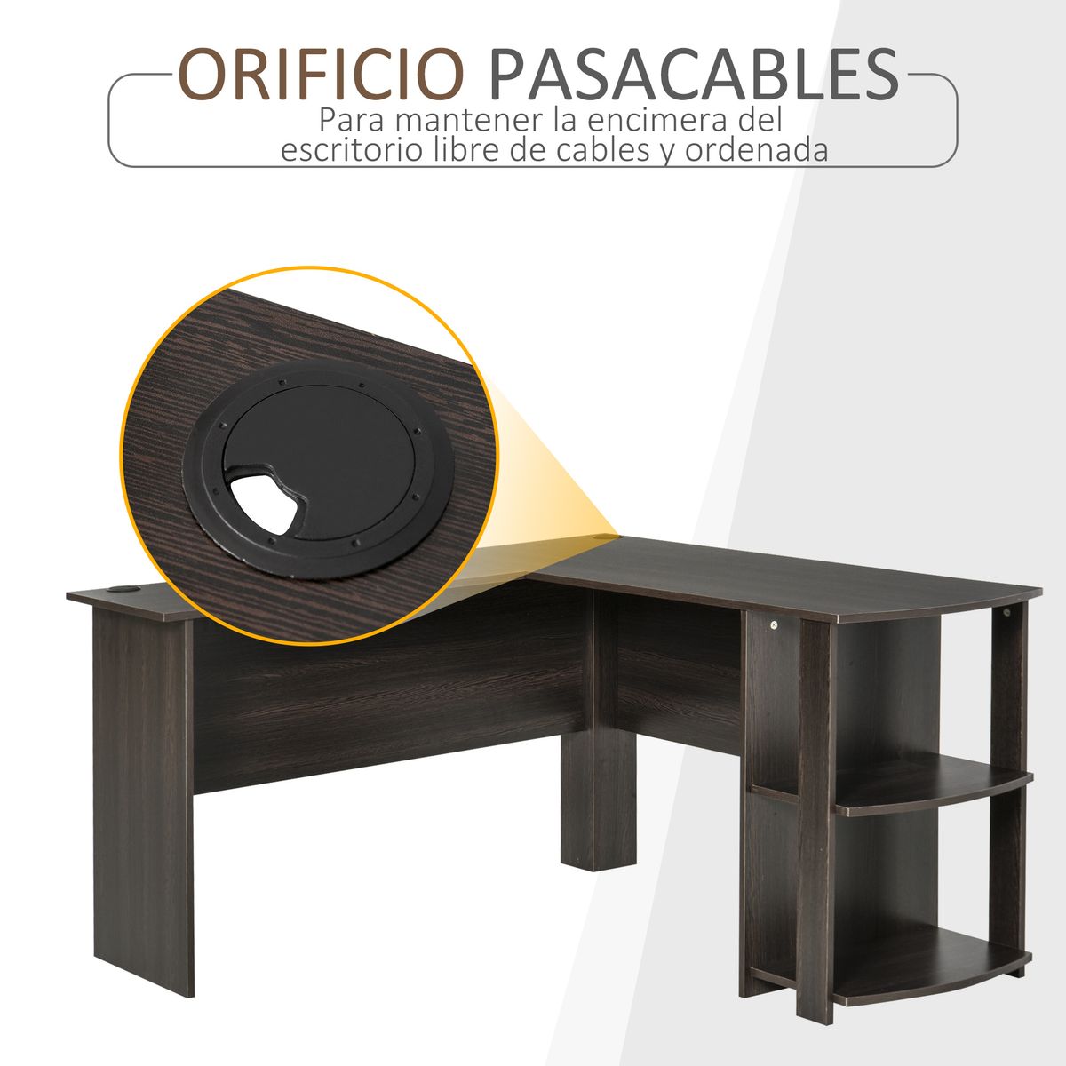 Mesa de escritorio Alpes Homcom esquinero con estantes madera 72x136x130 cm