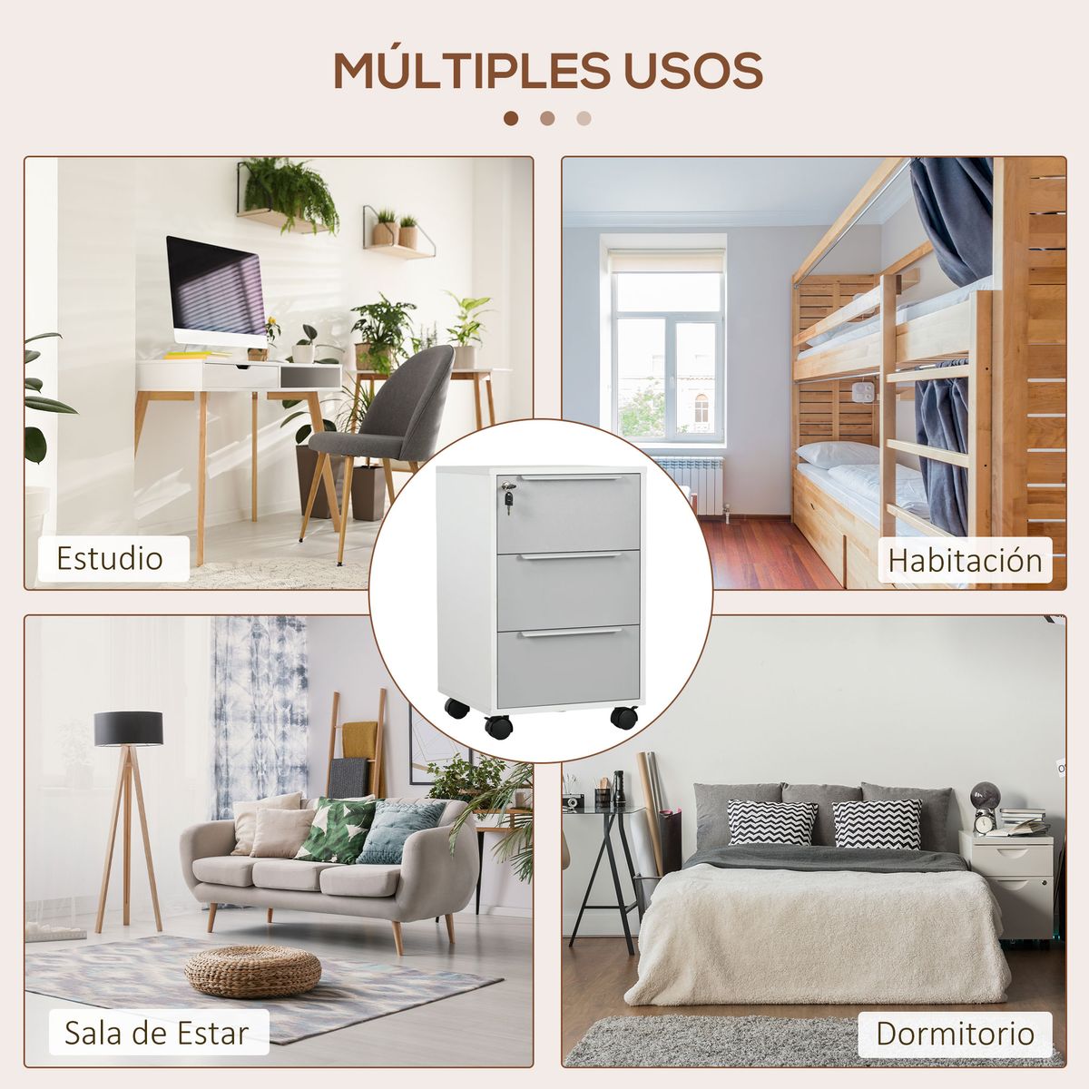 Cajonera Margate Homcom 3 cajones con llave blanco/gris 63,5x40x40 cm