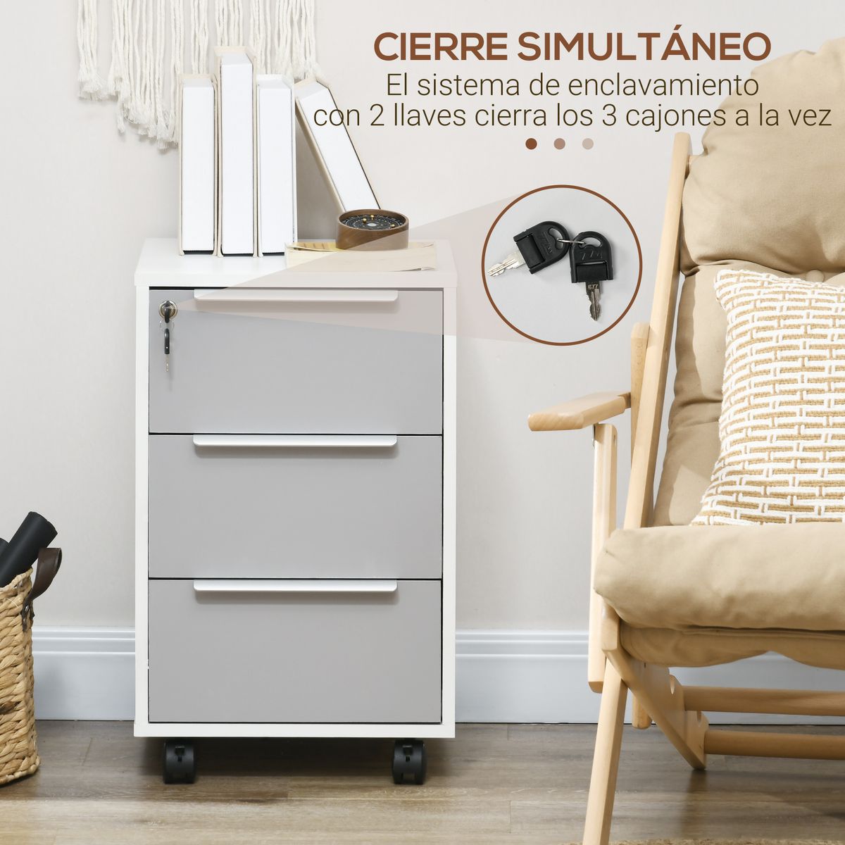 Cajonera Margate Homcom 3 cajones con llave blanco/gris 63,5x40x40 cm