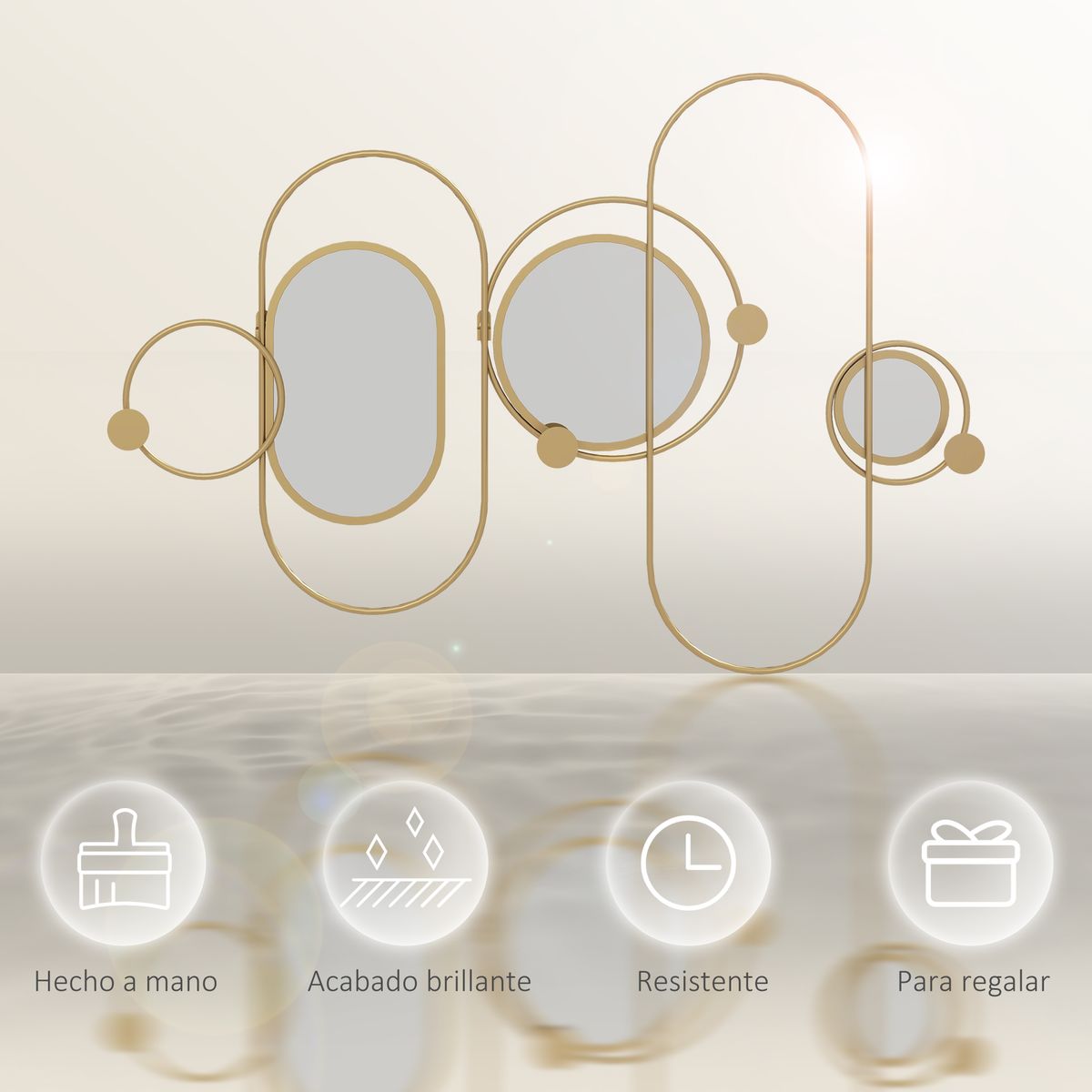 Espejo de pared Rimmo Homcom 4 ganchos + 3 espejos dorado 71x106 cm