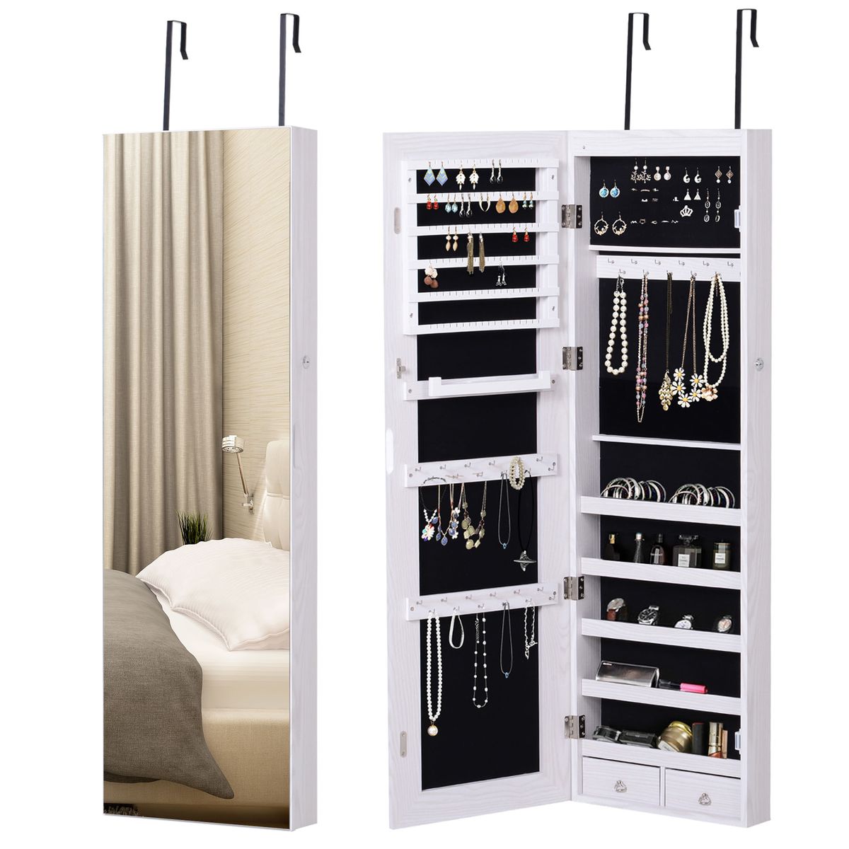 Espejo joyero Yoice Homcom con puerta 5 estantes + 2 cajones blanco 120x37x10 cm
