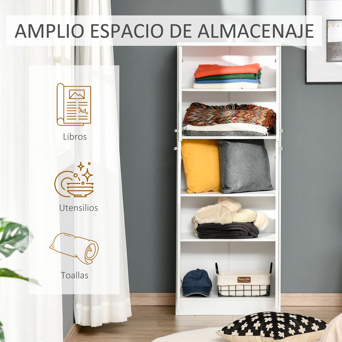 Armario auxiliar Piscis Homcom 2 puertas + 5 estantes ajustables blanco 155x59x31 cm