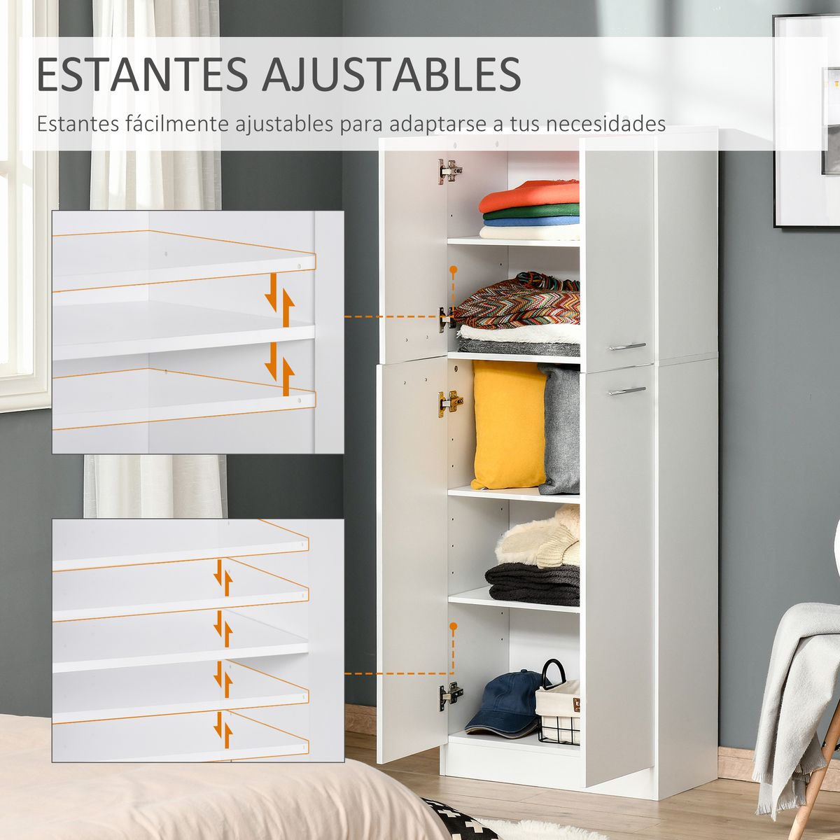 Armario auxiliar Piscis Homcom 2 puertas + 5 estantes ajustables blanco 155x59x31 cm