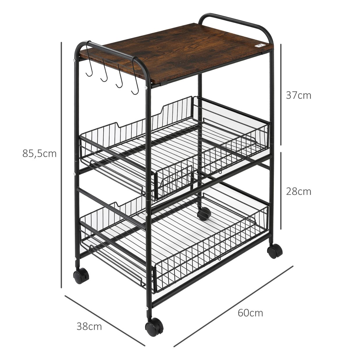 Carrito auxiliar Taipa Homcom 3 niveles + 2 cestas + 4 ganchos marrón oscuro 85,5x60x38 cm