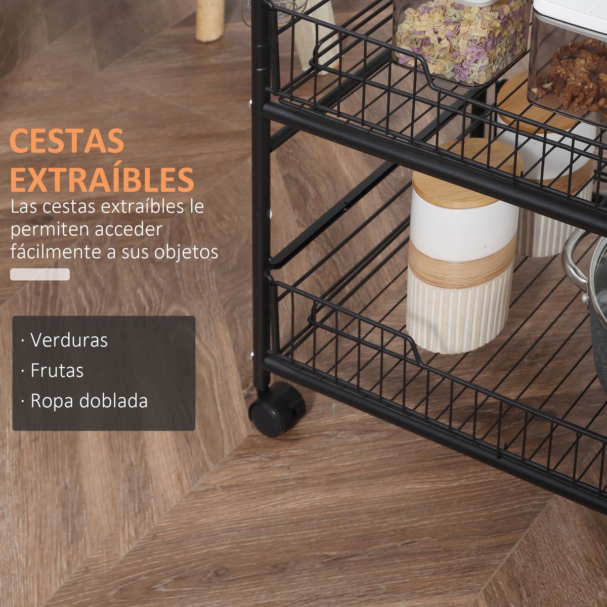 Carrito auxiliar Taipa Homcom 3 niveles + 2 cestas + 4 ganchos marrón oscuro 85,5x60x38 cm