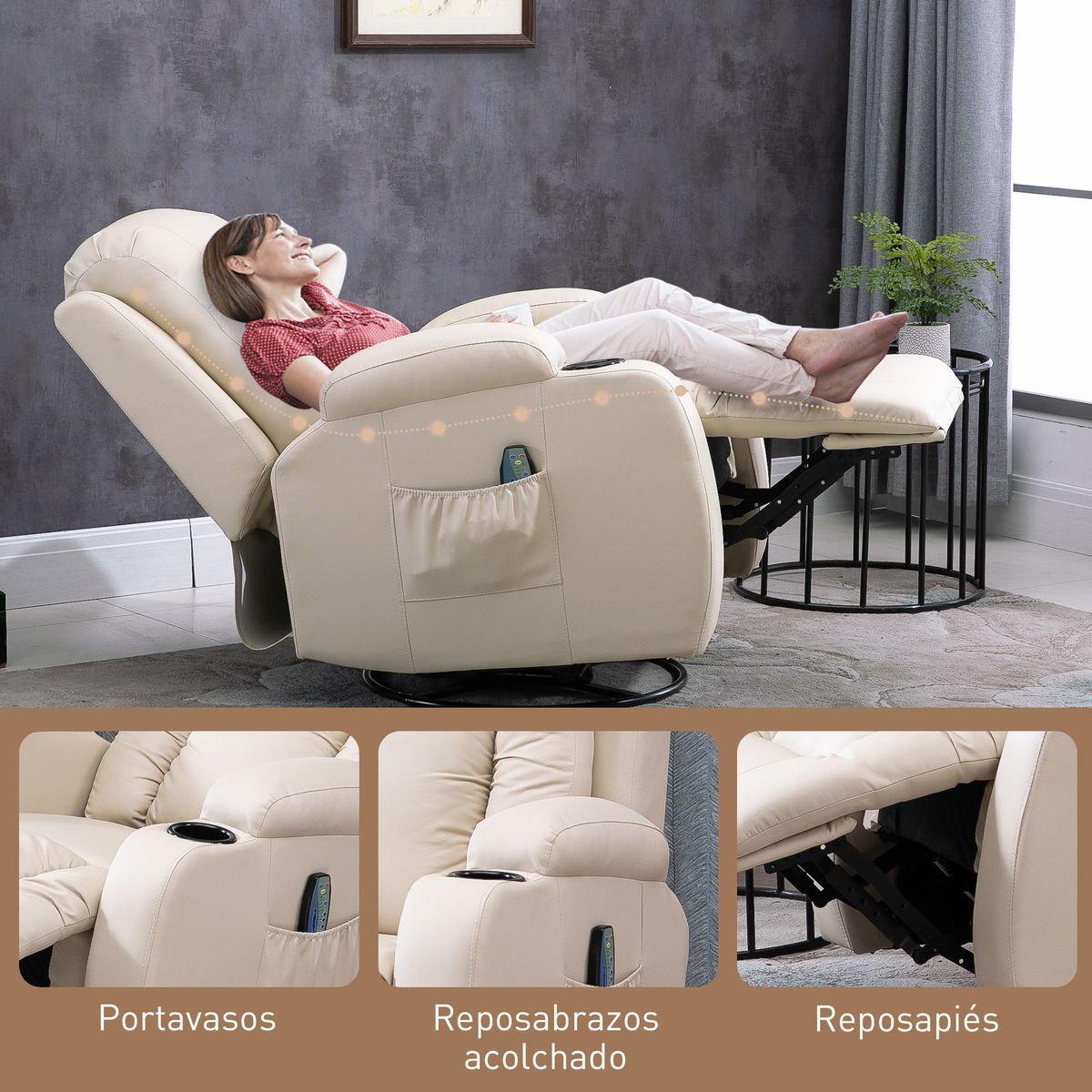 Sillón de masaje Friya Homcom reclinable con mando crema 104x85x94 cm