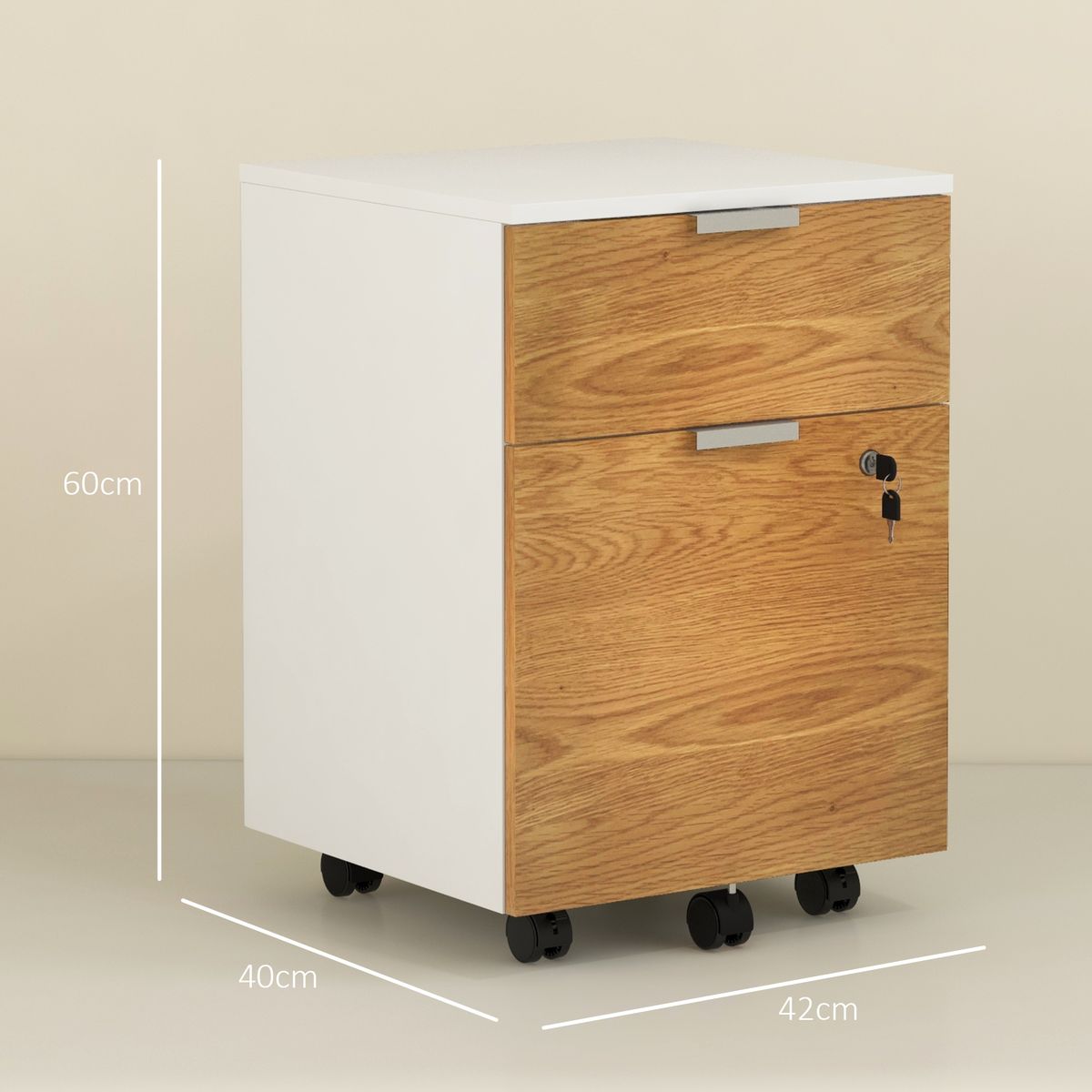 Cajonera Pyle Homcom 2 cajones + 4 ruedas blanco/natural 60x42x40 cm