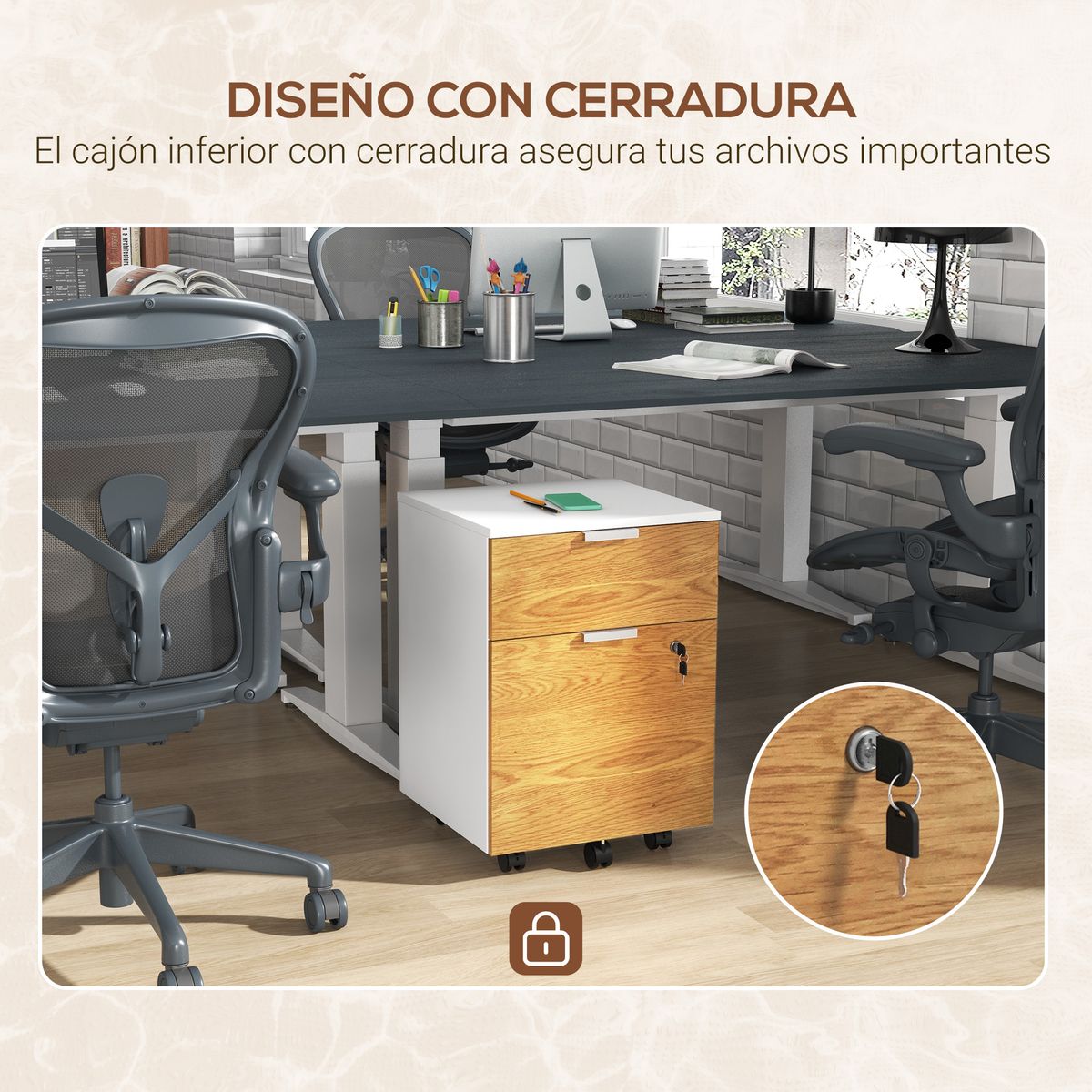 Cajonera Pyle Homcom 2 cajones + 4 ruedas blanco/natural 60x42x40 cm