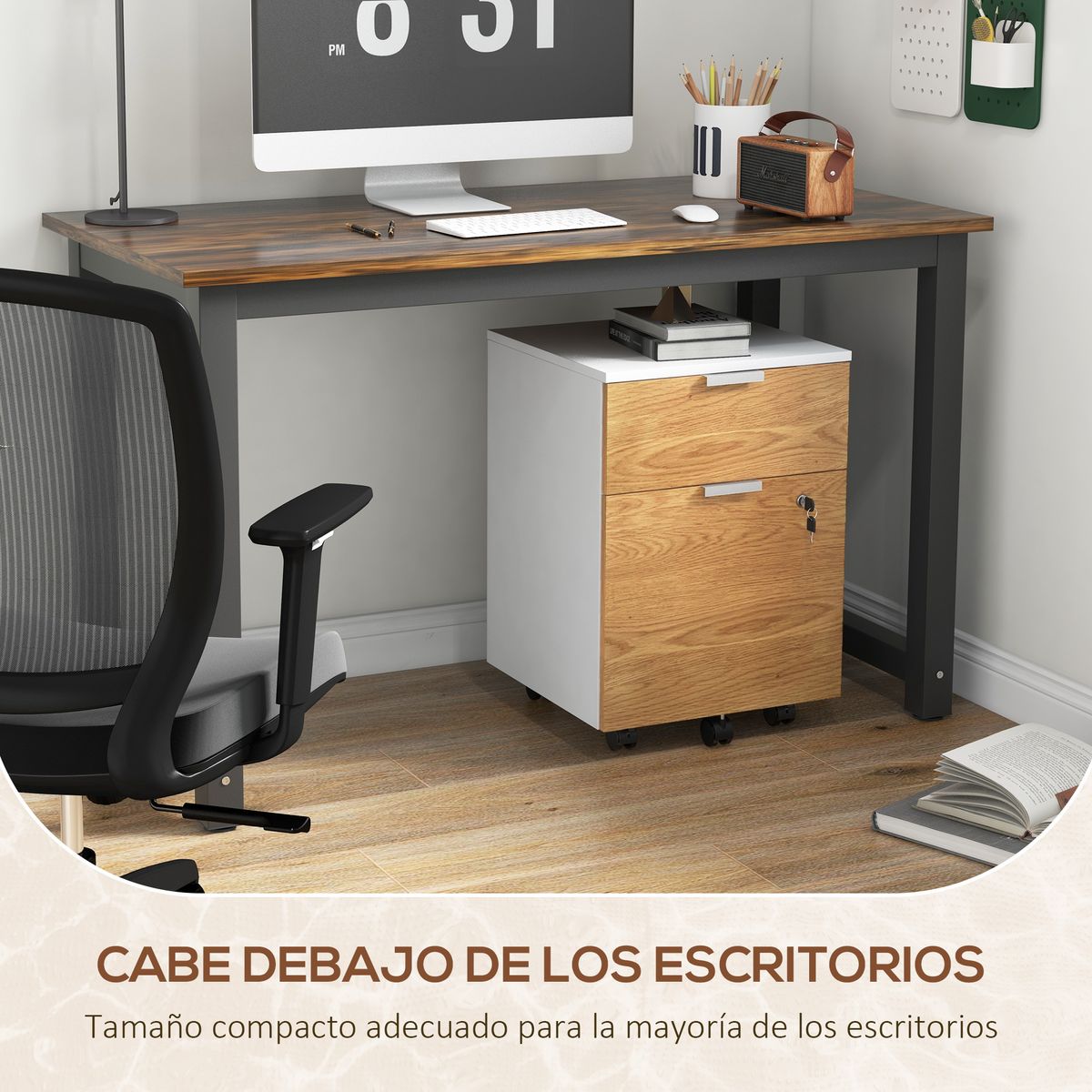 Cajonera Pyle Homcom 2 cajones + 4 ruedas blanco/natural 60x42x40 cm