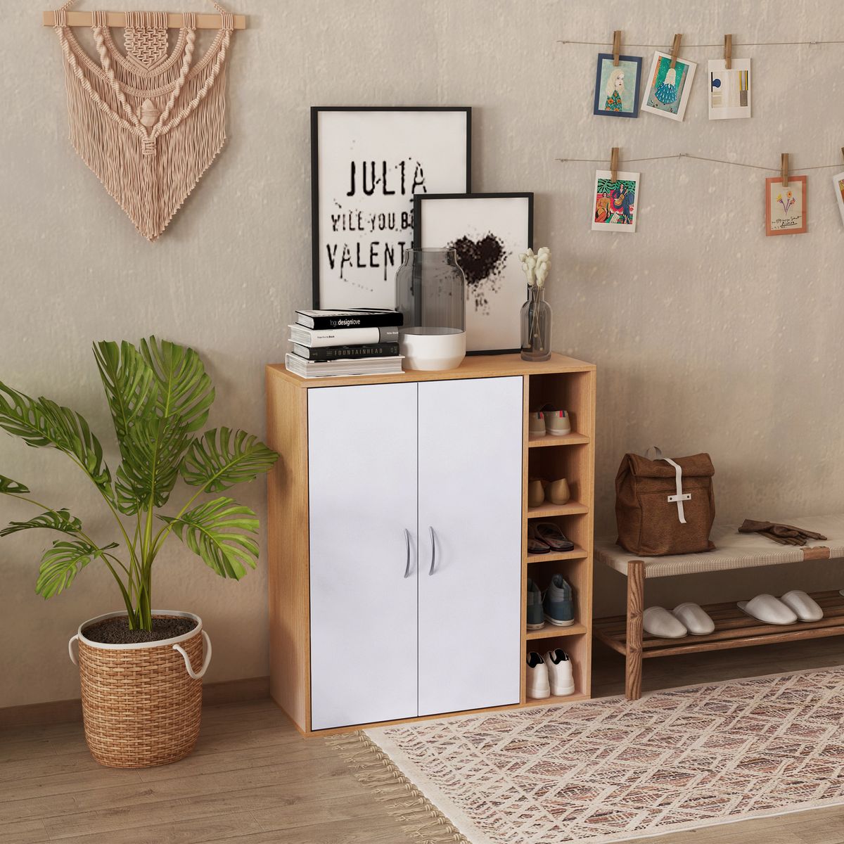 Armario zapatero Djabu Homcom 5 estantes ajustables + armario blanco/natural 91x80x32 cm