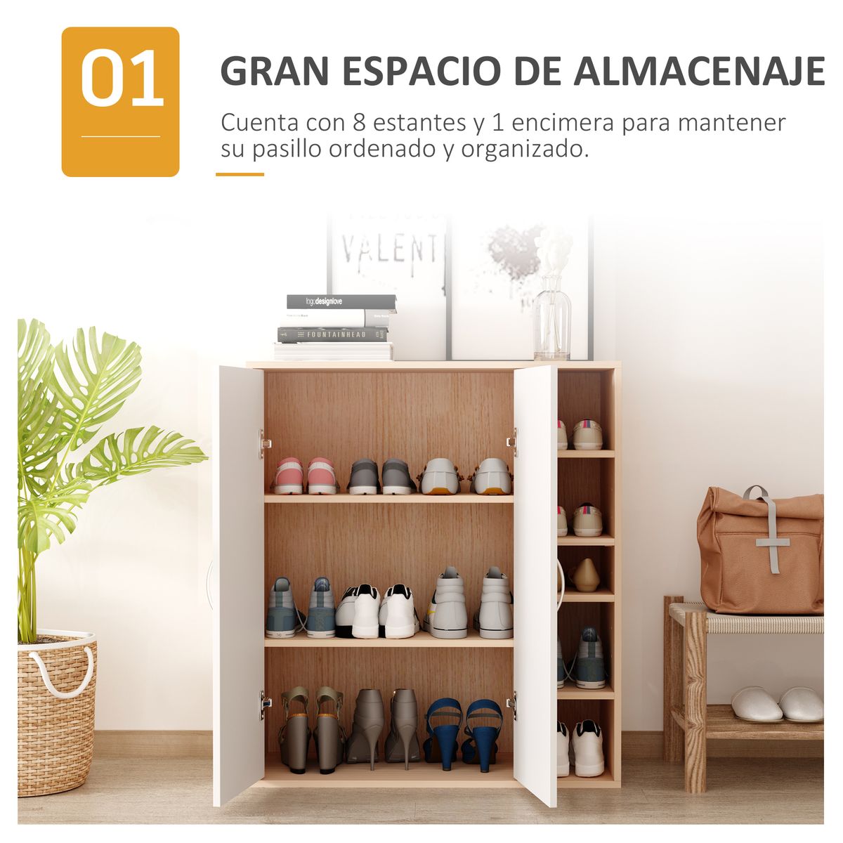 Armario zapatero Djabu Homcom 5 estantes ajustables + armario blanco/natural 91x80x32 cm