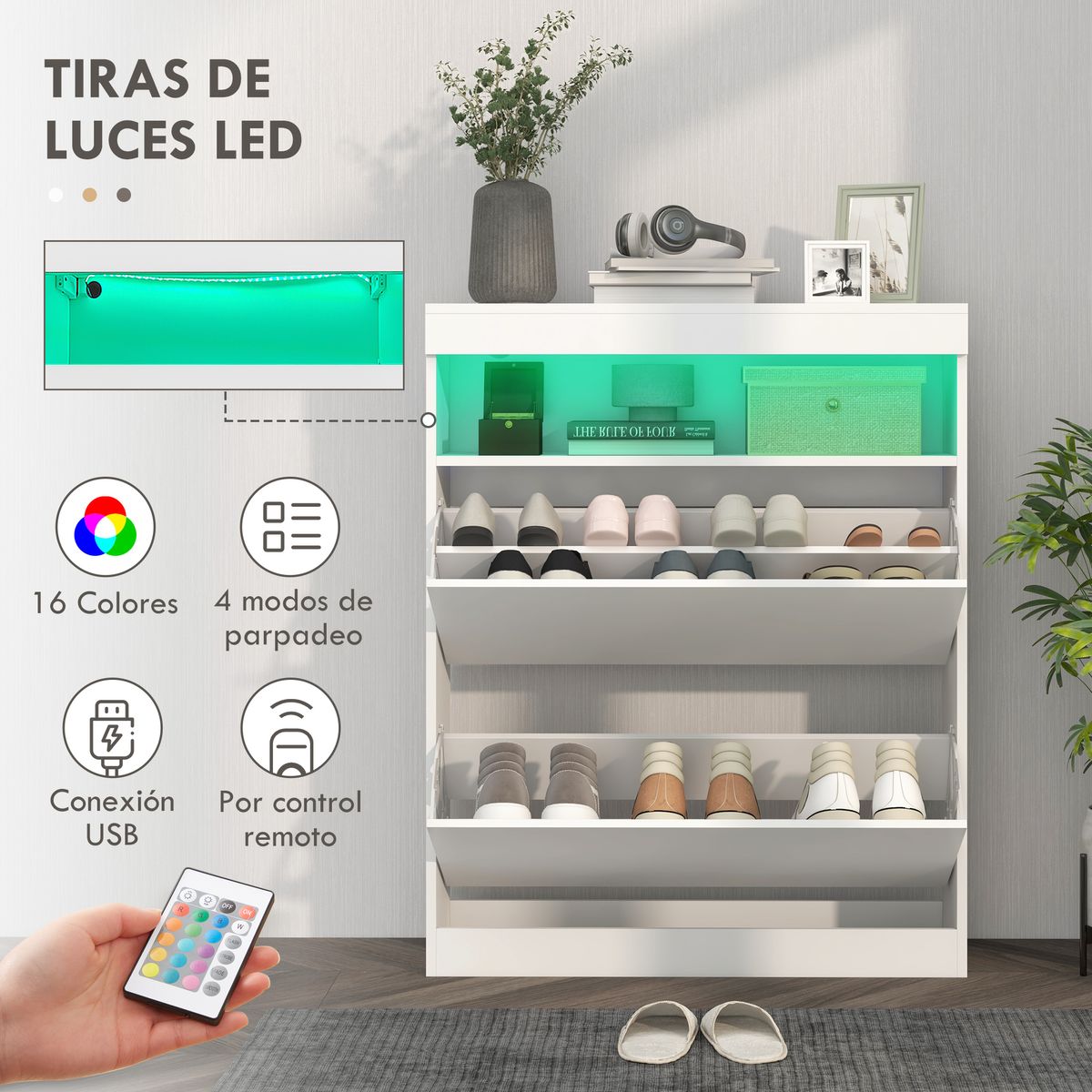 Zapatero Bereh Homcom luces LED + 2 cajones abatibles blanco brillo 99,5x80x34 cm