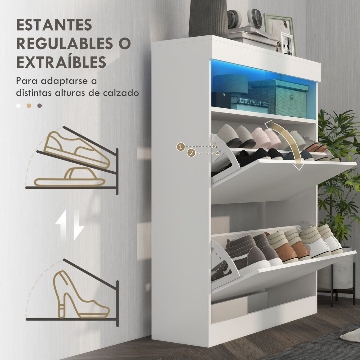 Zapatero Bereh Homcom luces LED + 2 cajones abatibles blanco brillo 99,5x80x34 cm
