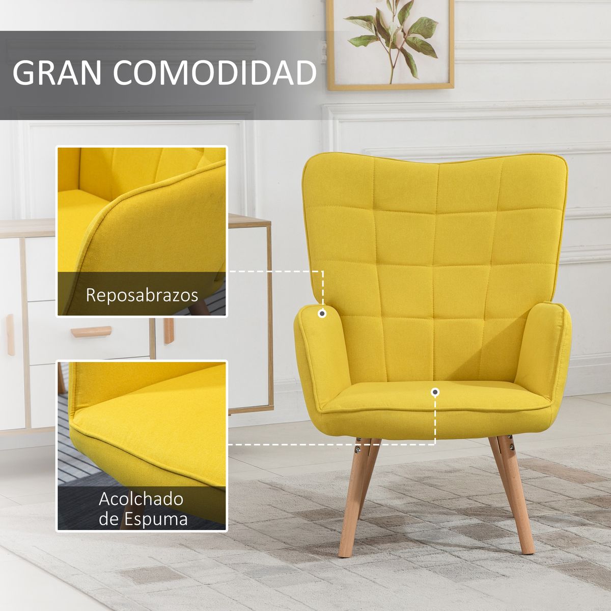 Butaca Dolgran Homcom respaldo alto con reposabrazos amarillo 101x71x76 cm