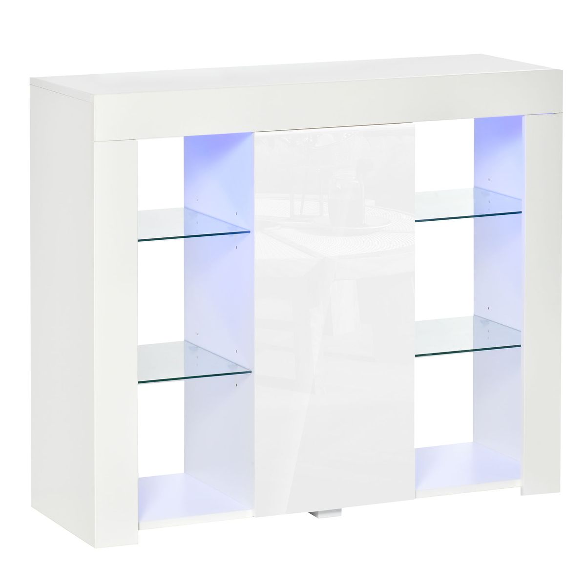 Aparador Lummen Homcom 6 estantes + puerta + luces LED blanco brillo 83x97x35 cm