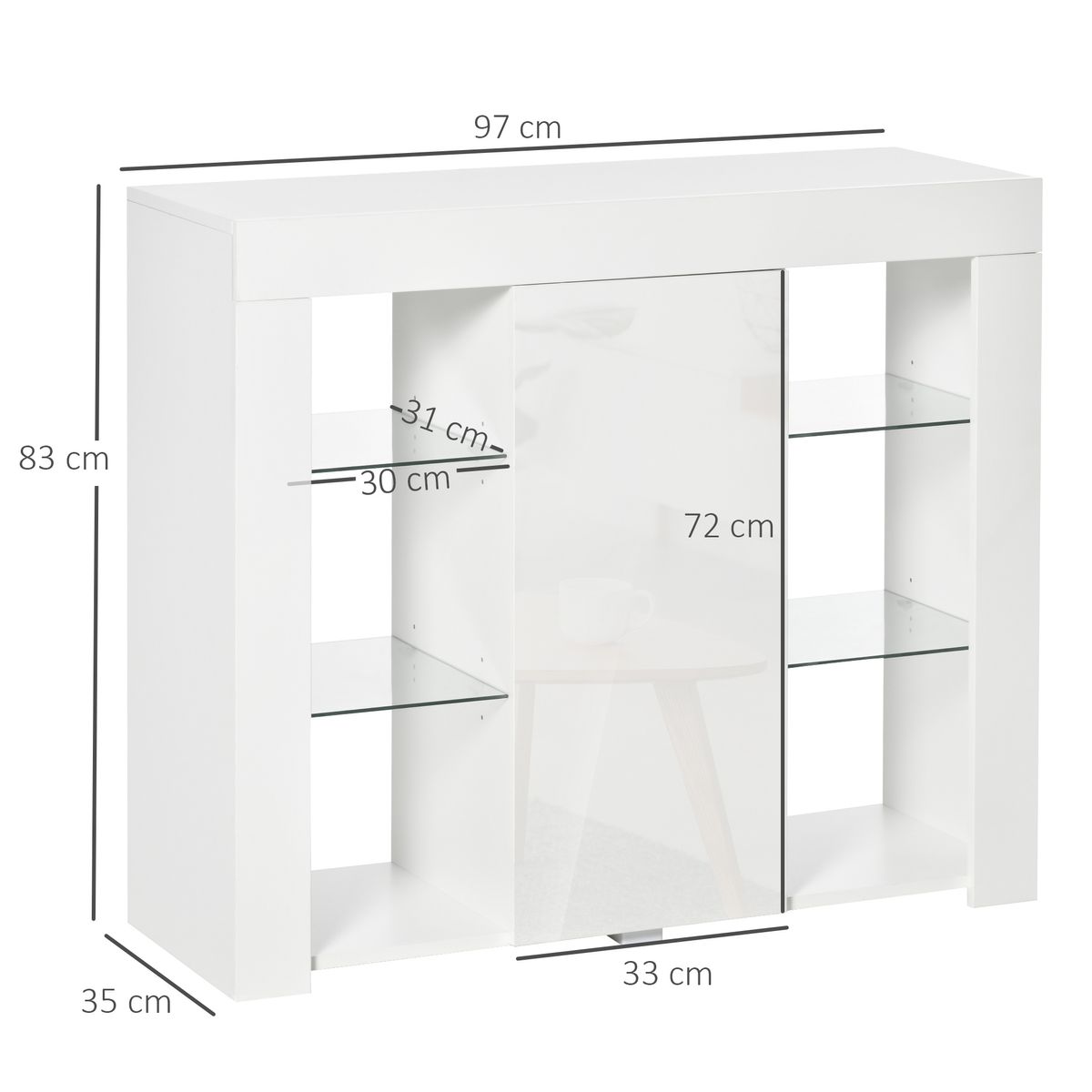 Aparador Lummen Homcom 6 estantes + puerta + luces LED blanco brillo 83x97x35 cm medidas