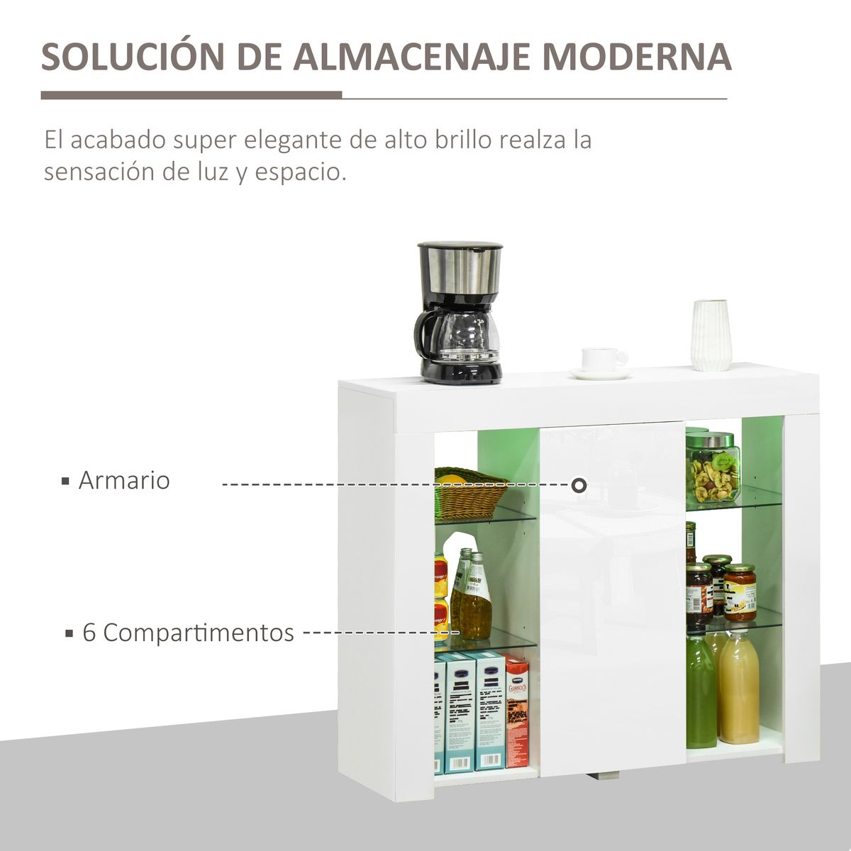 Aparador Lummen Homcom 6 estantes + puerta + luces LED blanco brillo 83x97x35 cm
